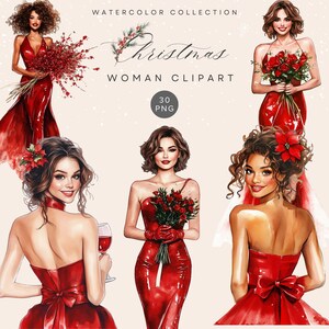 Clipart di donna natalizia ad acquerello in formato PNG, arte di coppia romantica, illustrazioni di donne in abito rosso per decorazioni natalizie uniche, confezioni regalo,