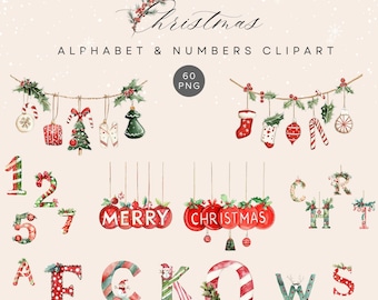 Christmas Alphabet Numbers Clipart – Watercolor Festive Letters PNG, Kids Holiday Crafts Digital Download