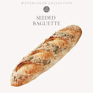 May include: A golden-brown baguette topped with green pumpkin seeds and various grains. The text above reads WATERCOLOR COLLECTION, 15 PNG, and SEEDED BAGUETTE. The bread has a crusty, scored surface with visible seeds embedded throughout the top.