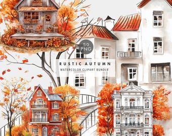 Watercolor Rustic Autumn Clipart – Farmhouse Countryside Houses Art, Fall Decor, Digital Download