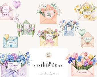 Watercolor Floral Mother's Day Clipart, PNG Graphics (Digital Download)