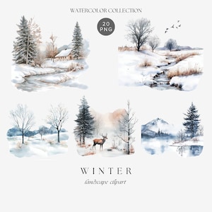 Aquarel winterlandschap clipart, winterlandschap clipart, besneeuwde landschap graphics, bos clipart, winter png-graphics, vakantielandschap
