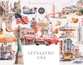 USA Travel Clipart, Watercolor American Scenery, Culture Illustrations (Digital Download)