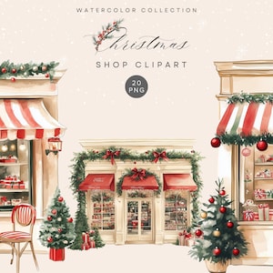 以下が含まれることがあります： 水彩画で描かれた、赤と白のストライプのひさしのあるクリスマスショップのファサードが3つ。緑の葉、赤いリボン、クリスマスのオーナメントで飾られています。お店はギフトとクリスマスの飾りでいっぱいです。お店の頭上に「Christmas Shop Clipart」という文字が書かれています。