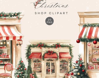 Ilustração em aquarela de loja de Natal | Fachada de loja natalina em PNG (Download digital)