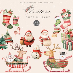 Acuarela navideña linda clipart, suéteres acogedores de Papá Noel, tazas festivas, adornos, medias, estilo de dibujos animados para manualidades para niños, decoración festiva png