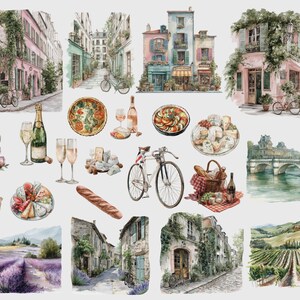 K&ouml;nnte beinhalten: Aquarellillustrationen von Pariser Szenen, darunter Geb&auml;ude mit Efeu, Fahrr&auml;dern und Lebensmitteln wie K&auml;se, Brot und Wein. Enth&auml;lt auch Lavendelfelder und Weinberge, die ein franz&ouml;sisches Landthema hervorrufen.