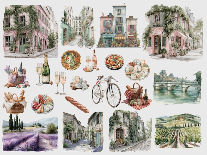 K&ouml;nnte beinhalten: Aquarellillustrationen von Pariser Szenen, darunter Geb&auml;ude mit Efeu, Fahrr&auml;dern und Lebensmitteln wie K&auml;se, Brot und Wein. Enth&auml;lt auch Lavendelfelder und Weinberge, die ein franz&ouml;sisches Landthema hervorrufen.