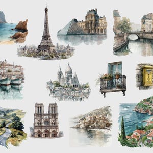 K&ouml;nnte beinhalten: Aquarellillustrationen ber&uuml;hmter europ&auml;ischer Wahrzeichen, darunter der Eiffelturm, der Louvre und die Kathedrale Notre-Dame. Die Kunstwerke zeigen K&uuml;stenlandschaften, Stadtansichten und einen charmanten Balkon mit Blumen, alles in einem weichen, k&uuml;nstlerischen Stil.