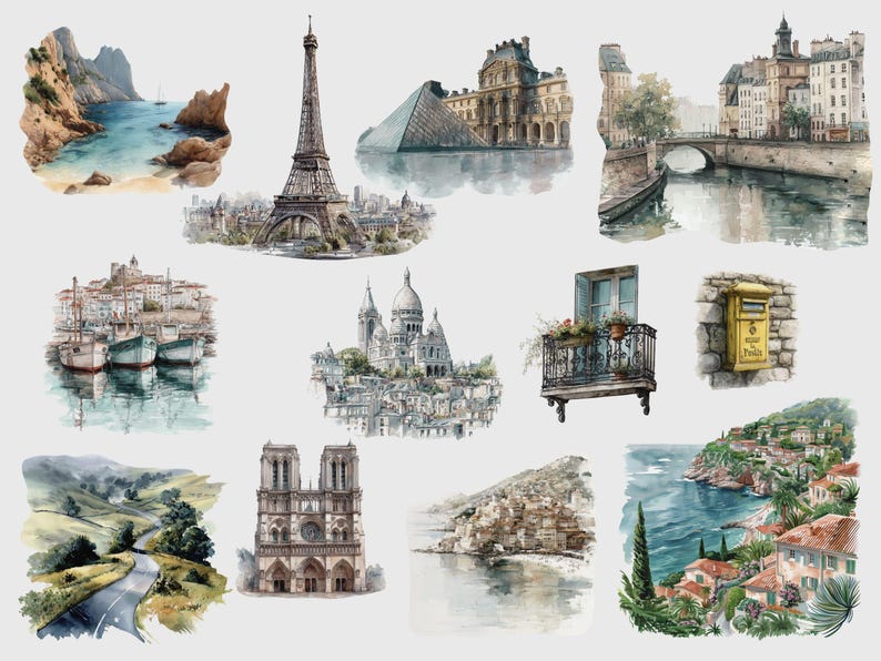 K&ouml;nnte beinhalten: Aquarellillustrationen ber&uuml;hmter europ&auml;ischer Wahrzeichen, darunter der Eiffelturm, der Louvre und die Kathedrale Notre-Dame. Die Kunstwerke zeigen K&uuml;stenlandschaften, Stadtansichten und einen charmanten Balkon mit Blumen, alles in einem weichen, k&uuml;nstlerischen Stil.