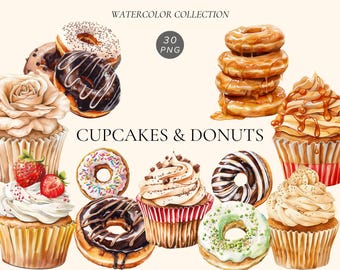 Watercolor Cupcakes and Donuts Clipart Set – Bakery Dessert Graphics, Digital Download