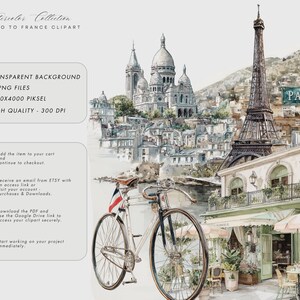 K&ouml;nnte beinhalten: Aquarell-Illustration von Paris mit dem Eiffelturm, einem Fahrrad mit franz&ouml;sischer Flagge und einem Caf&eacute;. Das Bild enth&auml;lt den Text "Watercolor Collection, Let's Go to France Clipart" und "Paris".