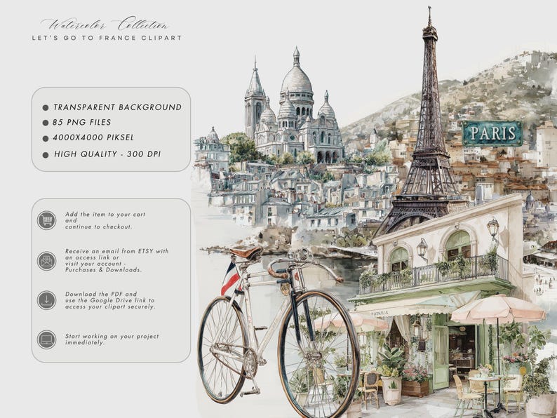 K&ouml;nnte beinhalten: Aquarell-Illustration von Paris mit dem Eiffelturm, einem Fahrrad mit franz&ouml;sischer Flagge und einem Caf&eacute;. Das Bild enth&auml;lt den Text "Watercolor Collection, Let's Go to France Clipart" und "Paris".