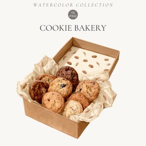 May include: A watercolor illustration of a brown cardboard box filled with assorted round cookies nestled in patterned tissue paper. The text reads WATERCOLOR COLLECTION, 15 PNG, and COOKIE BAKERY. The box lid is open, revealing a pattern of small brown cookie icons.