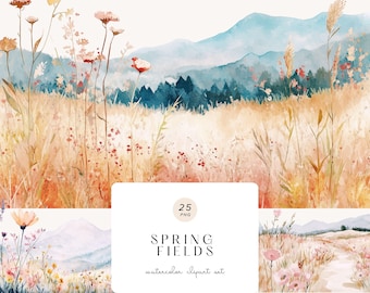 Clipart aquarel weideveld – Bloemenlandschapskunst, digitale download