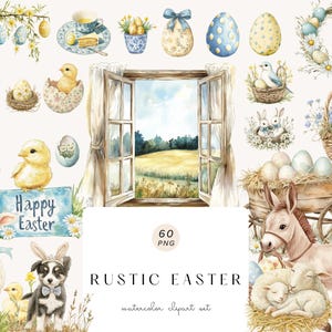 May include: A watercolor clipart set with a rustic Easter theme. The set includes images of chicks, bunnies, lambs, a donkey, eggs, a window with a view of a field, and a basket of flowers. The text "Happy Easter" is also included in the set.