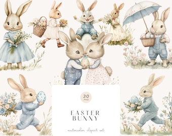 Watercolor Easter Bunny Clipart – Baby Animal Nursery Art, Digital Download