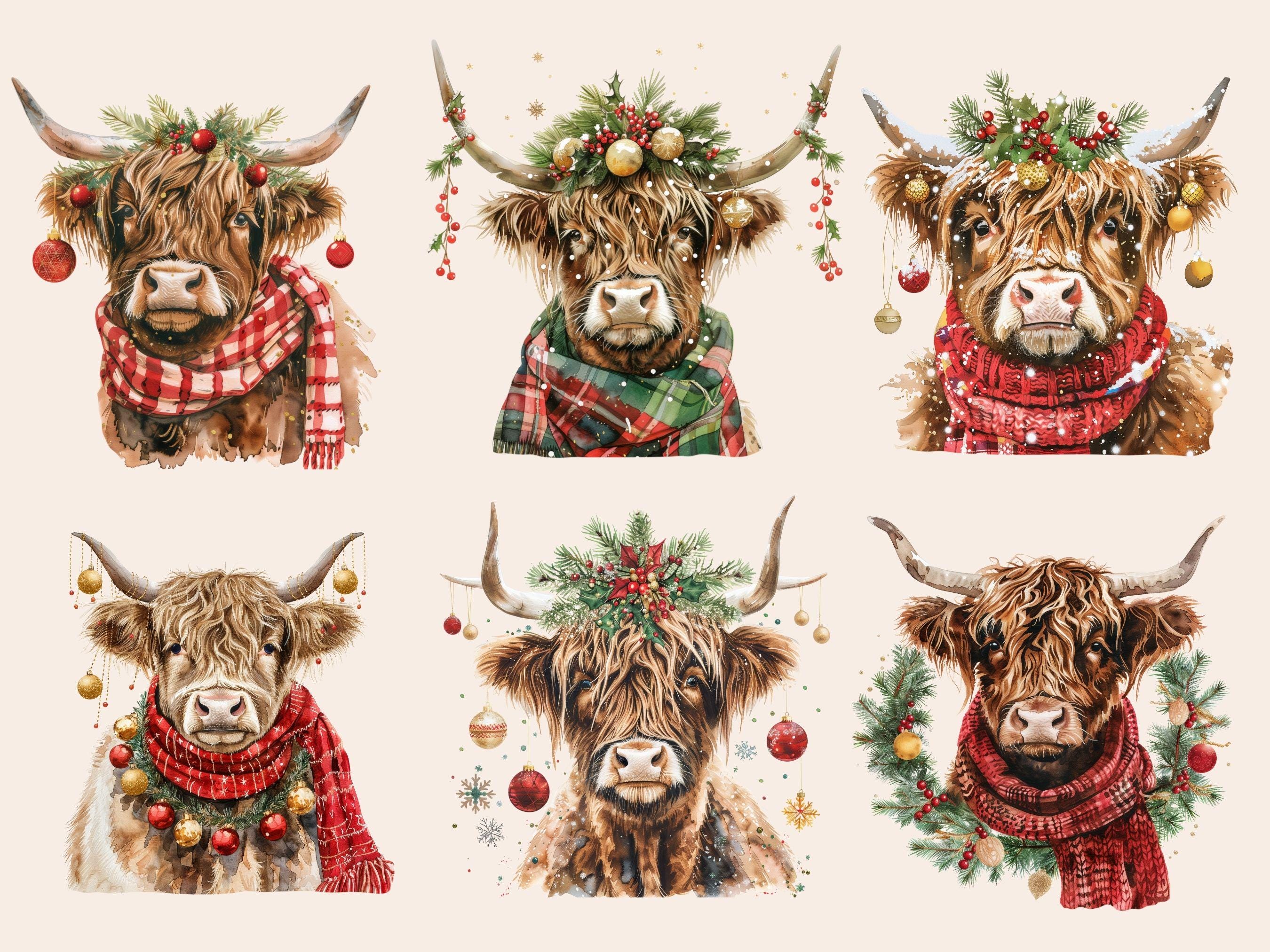 Watercolor Highland Cow Christmas Clipart – Rustic Farmhouse Holiday ...