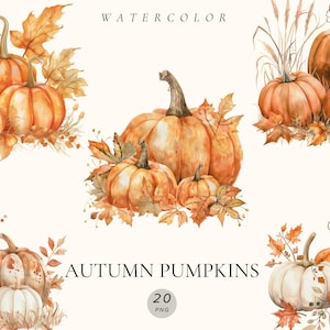 Watercolor Autumn Pumpkins Clipart, Fall leaves, Pumpkin graphics, Fall png graphics, Autumn png clipart, Autumn elements, Planner stickers