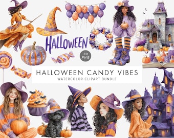Watercolor Halloween Clipart Bundle – Pastel Witch Hats & Pumpkins, Trick or Treat Art, Digital Download