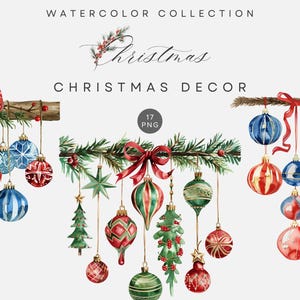 May include: Watercolor illustration of Christmas ornaments, including red, blue, and gold baubles, hanging from branches. The image includes text that reads "Watercolor Collection" and "Christmas Decor".