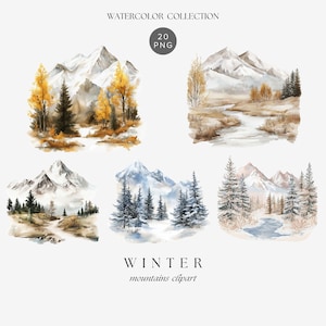 Watercolor Winter Mountains Clipart, Watercolor Snowy Peaks, Rustic Winter Mountain Scene Clipart, Winter Scenery Landscape Png for Cards