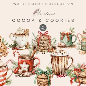 May include: Watercolor illustration of Christmas cocoa and cookies. The image features various mugs of hot cocoa with whipped cream and cookies, decorated with red ribbons and festive greenery. The text "COCOA & COOKIES" is displayed.