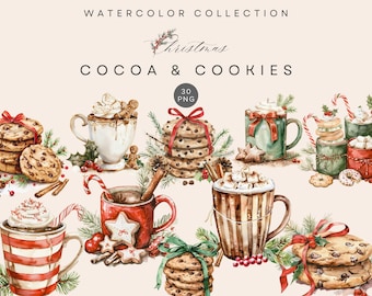 Watercolor Christmas Cocoa & Cookies Clipart – Festive Holiday Treats PNG, Digital Download