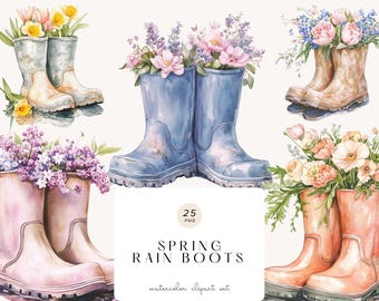 Watercolor Floral Rain Boots Clipart – Garden Illustration, Digital Download