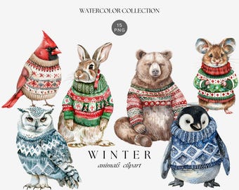 Watercolor Christmas Animals Clipart – Woodland Winter Sweater Set, Cozy Holiday Illustration, Digital Download
