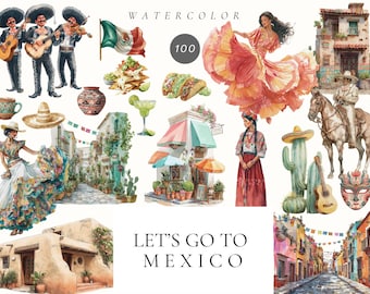Watercolor Let&#39;s go to Mexico Clipart, Travel graphics , Mexican Culture Clipart, Mexican sceneries, Mexican street, Fiesta muerte, Sombrero