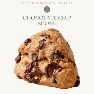 Pode incluir: Um scone triangular com gotas de chocolate, superfície dourada e texturizada, e pedaços de chocolate escuro visíveis. O texto acima diz WATERCOLOR COLLECTION, 15 PNG, e CHOCOLATE CHIP SCONE em uma fonte serifada clara cinza-escura.