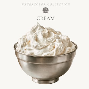 May include: A silver-toned metal bowl filled with a large, swirled mound of white whipped cream. Above the bowl, the text reads WATERCOLOR COLLECTION, 15 PNG, and CREAM. The image features a high-contrast display of the creamy texture.