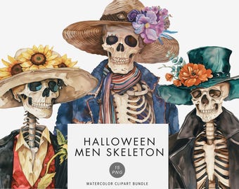 水彩画のハロウィンスケルトンクリップアート – 死者の日のスカルアート、ゴシックイラスト、デジタルダウンロード