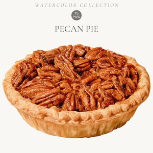 Puede incluir: Una ilustración en acuarela de un pastel de nuez pecana con una corteza dorada y ondulada, cubierta con una capa densa de nueces marrones. El texto superior dice WATERCOLOR COLLECTION, 15 PNG y PECAN PIE. El pastel aparece sobre fondo blanco.
