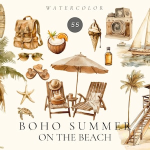 Clipart acquerello Boho estate sulla spiaggia, illustrazioni sulla spiaggia, grafica di viaggio, clipart di palma, sedia da spiaggia, grafica png estiva,