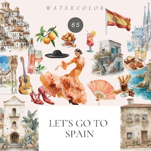 Puede incluir: Ilustraciones en acuarela de la cultura española, con una bailaora de flamenco, una bandera española, edificios, comida y bebidas. También se incluye el texto "LET'S GO TO SPAIN".
