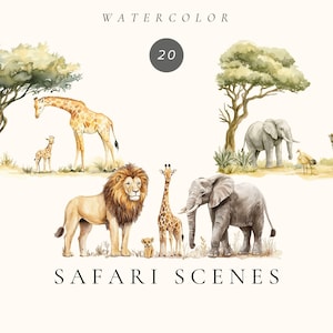 Aquarell Wild Safari Szenen Clipart - Kunst der afrikanischen Wildtiere, digitaler Download