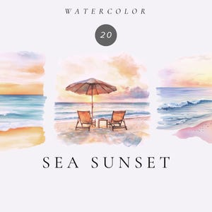 Watercolor Sea Sunset Clipart, Sunset illustration, Summer view clipart, Travel graphics, Summer landscape png, Ocean clipart, Sunset png