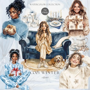 Watercolor Cozy Winter Clipart, Pretty Girl Clipart, Winter Png Graphics, Hot Cocoa Cake Gift Boxes Png for Winter Design, Winter Decor Png