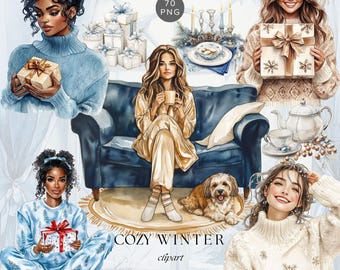 Pode incluir: Coleção de clipart de aquarela com cenas aconchegantes de inverno com mulheres e um cachorro. A coleção inclui uma mulher com um suéter azul segurando um presente embrulhado, uma mulher com um suéter creme segurando uma xícara de café, uma mulher com um pijama azul e branco segurando um presente embrulhado, uma mulher com um suéter branco com flocos de neve e um cachorro sentado em um sofá azul. O texto "Cozy Winter clipart" está incluído na imagem.