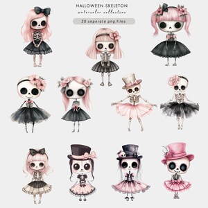 K&ouml;nnte beinhalten: Ein Set mit 10 Aquarell-Illustrationen von niedlichen Skelett-M&auml;dchen, die verschiedene Outfits und Accessoires tragen. Die M&auml;dchen sind alle in Pink und Schwarz gekleidet und haben rosa Schleifen im Haar. Einige der M&auml;dchen tragen T&uuml;llr&ouml;cke, w&auml;hrend andere Kleider tragen. Sie l&auml;cheln alle und sehen gl&uuml;cklich aus.