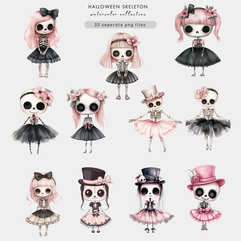 K&ouml;nnte beinhalten: Ein Set mit 10 Aquarell-Illustrationen von niedlichen Skelett-M&auml;dchen, die verschiedene Outfits und Accessoires tragen. Die M&auml;dchen sind alle in Pink und Schwarz gekleidet und haben rosa Schleifen im Haar. Einige der M&auml;dchen tragen T&uuml;llr&ouml;cke, w&auml;hrend andere Kleider tragen. Sie l&auml;cheln alle und sehen gl&uuml;cklich aus.