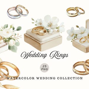 Pode incluir: Ilustração em aquarela de alianças de casamento em vários estilos, incluindo faixas de ouro e prata, algumas com diamantes. A imagem inclui anéis exibidos em caixas e em plataformas decorativas, com detalhes florais. O texto diz "Wedding Rings" e "Watercolor Wedding Collection".