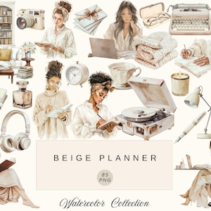 Puede incluir: Ilustración en acuarela en tonos beige, que presenta una colección de objetos como una cámara, libros, una máquina de escribir y un tocadiscos. El texto "BEIGE PLANNER" se muestra de forma destacada. La imagen tiene una estética artística y acogedora.
