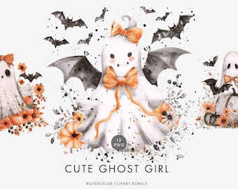 Watercolor Ghost Girl Clipart – Witch Hat Halloween Art, Spooky Fall Illustration, Digital Download