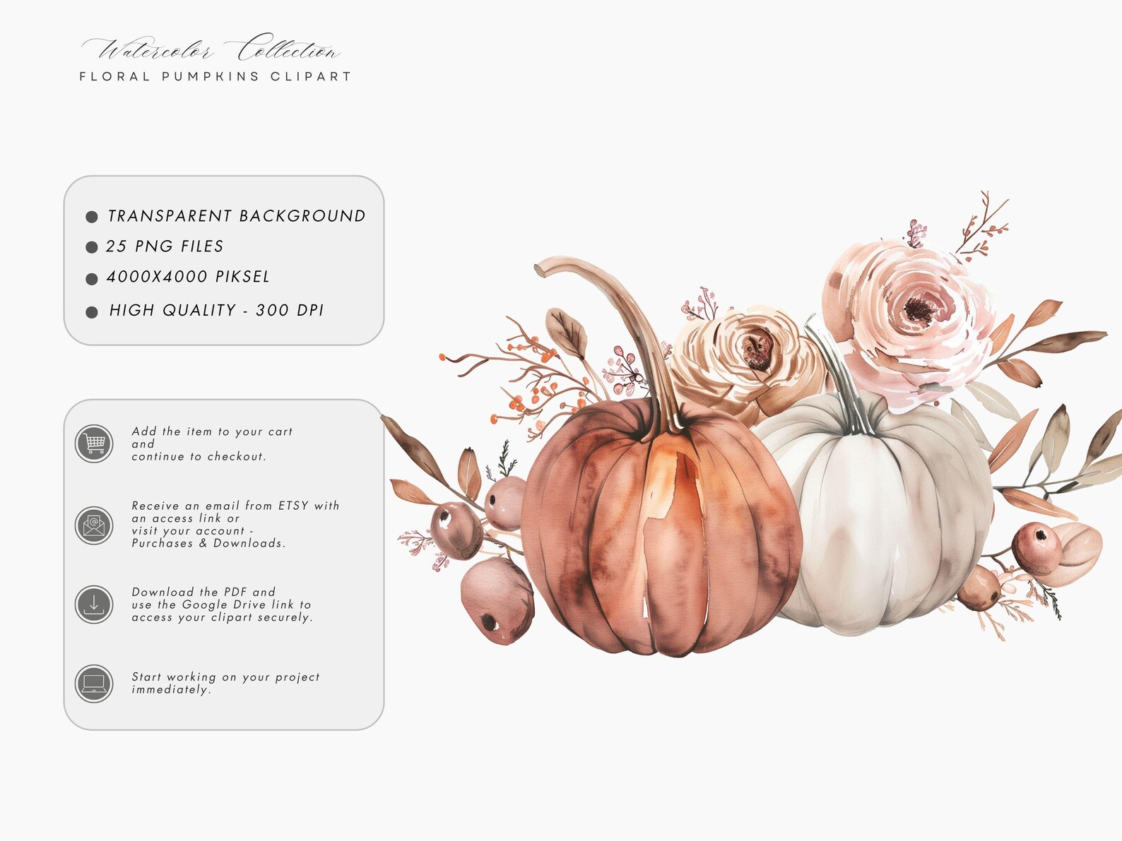 Watercolor Floral Pumpkin Clipart – Autumn Leaves Art, Rustic Fall ...