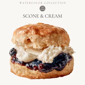Pode incluir: Um scone dourado cortado ao meio, recheado com uma camada de creme branco espesso e geleia de mirtilo roxo escuro. O texto acima diz WATERCOLOR COLLECTION, 15 PNG e SCONE & CREAM. O scone tem uma crosta assada e interior macio.