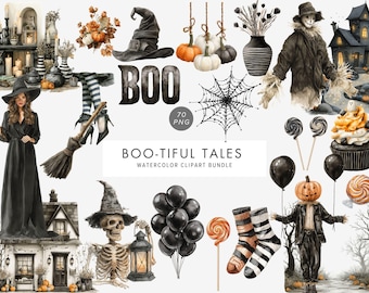 May include: Watercolor clipart bundle featuring Halloween-themed illustrations. Includes a witch, scarecrow, pumpkins, spiderweb, black balloons, and the word "BOO". The phrase "Boo-tiful Tales" is also present.