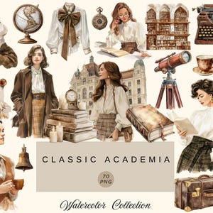 Op de afbeelding: Waterverfillustraties met een klassiek academia-thema. De afbeelding bevat een wereldbol, boeken, een telescoop, een typemachine en vrouwen in vintage kleding. De tekst "CLASSIC ACADEMIA" wordt weergegeven.